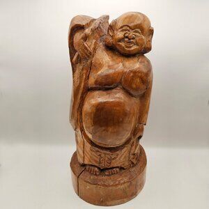 Hand-Carved Wooden Laughing Buddha Statue – Signed & Dated 1987 – 12.5”